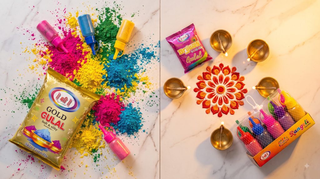 SHREE herbal gulal pouches, Holi colour pichkari, diyas, and rangoli flat-lay — Diwali 2026 and Holi 2027 wholesale orders open
