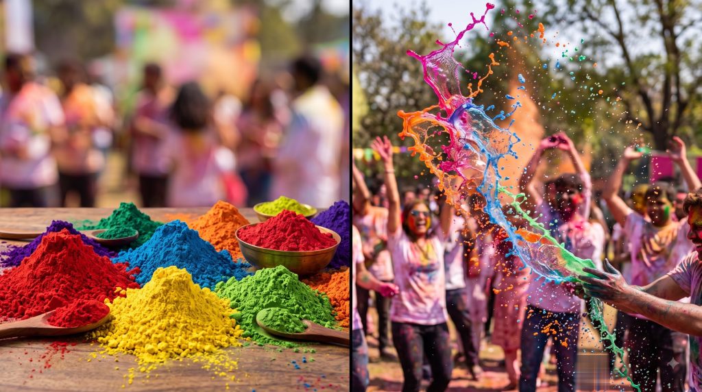 Split image: left shows dry coloured gulal powder piles on wooden tray, right shows liquid Holi colour splashing mid-air at festival