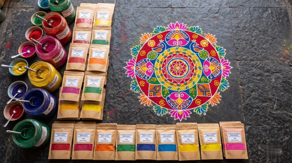 Overhead view of vibrant rangoli pattern made with coloured powder alongside wholesale kraft packaging bags and open jars of rangoli colours