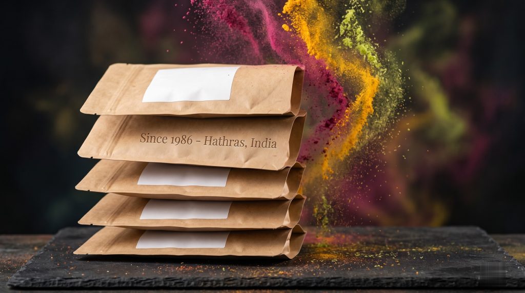 Stack of kraft paper pouches with blank white labels and Since 1986 Hathras India embossing, surrounded by vibrant magenta yellow and green powder explosion