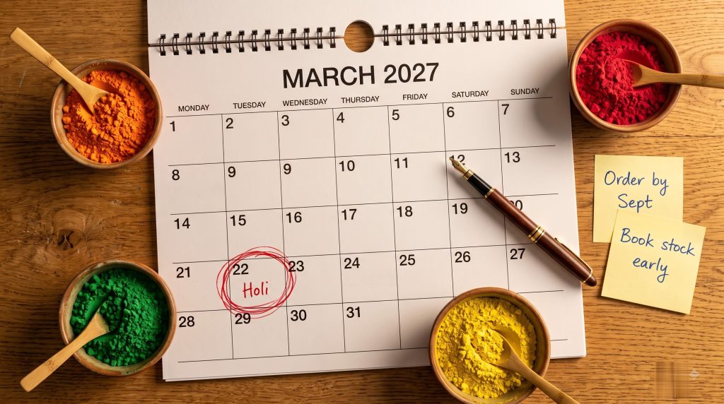 Overhead flat-lay of March 2027 calendar with 22 Holi circled in red, surrounded by bowls of orange, red, green and yellow gulal powder and sticky notes saying Order by Sept and Book stock early