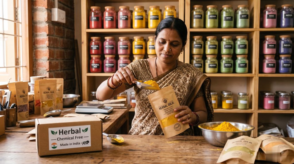 Indian artisan carefully filling kraft paper Herbal Gulal pouches by hand on a wooden table, with loose herbal colour powder and a metal scoop visible, showing traditional packing process for export